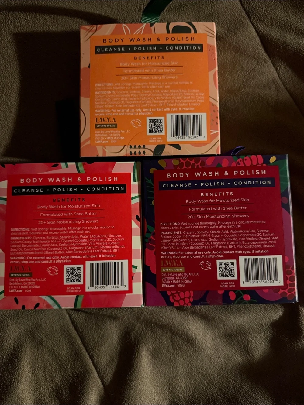L.W.Y.A body wash & Polish sponges- peach, wild berries & watermelon